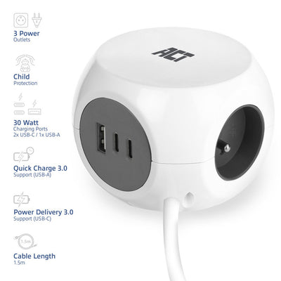 ACT Connectivity Socket Kubus con 3 enchufes, 30W D