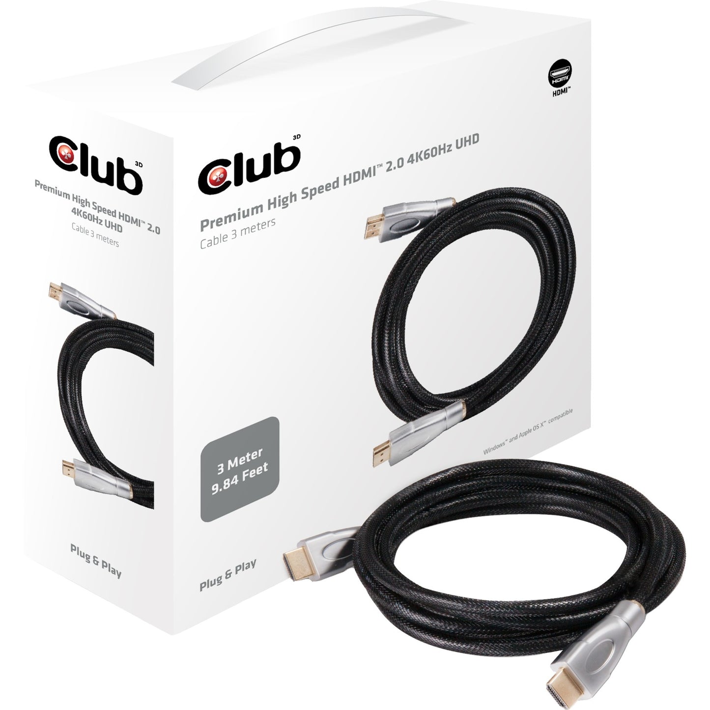 Club 3d premium high speed hdmi 2.0 kabel (3 meter, 4k)
