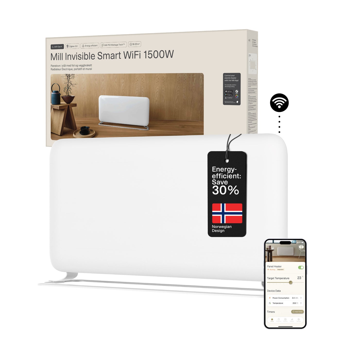 Panel calefactor wifi mill steel pa1500wifi4a con base, convector de 1500 vatios (blanco, wifi 2,4 ghz (wifi 6), bluetooth 5.2, zigbee 3.0 + app)