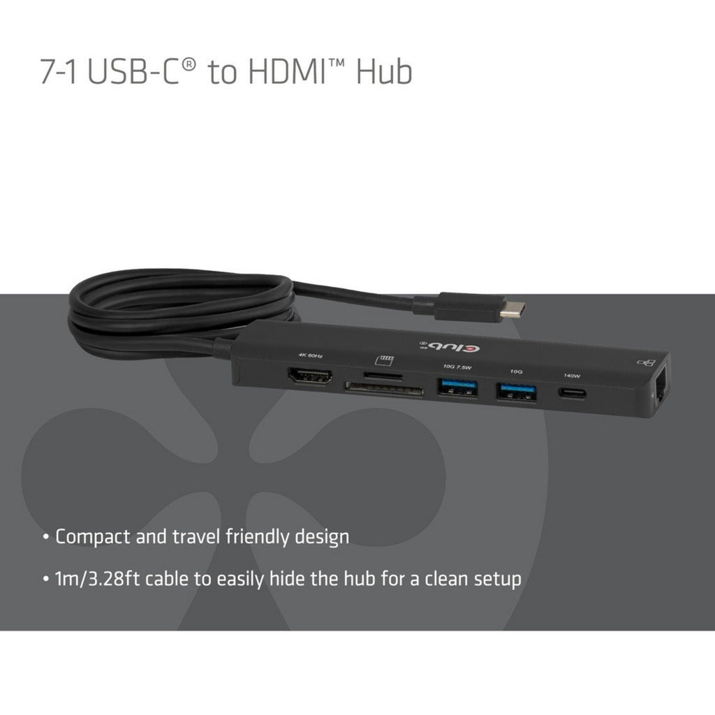 Club 3D CSV-2555 7-1 Hub USB-C a HDMI (Negro, 4K60Hz, PD3.1 140W, USB-A, USB-C, LAN, MicroSD)