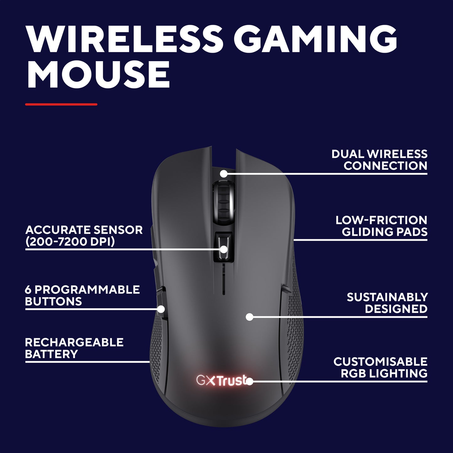 Mouse da gioco wireless Trust GXT 931 YBar (nero, 200 - 7.200 dpi, USB Bluetooth da 2,4 GHz)