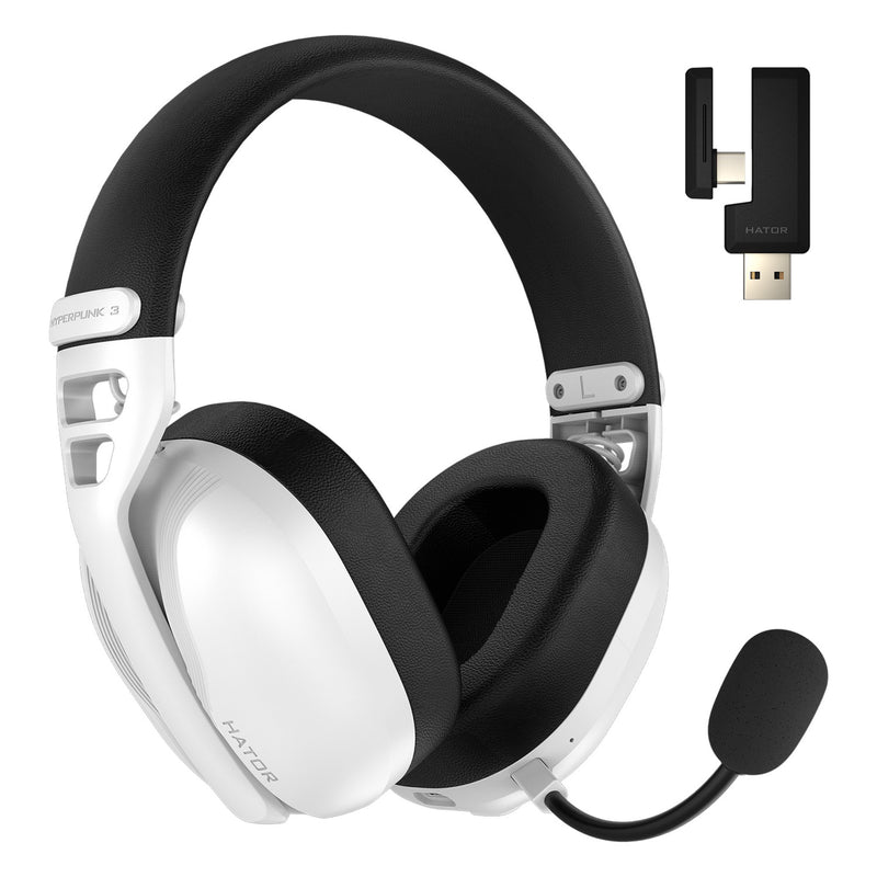 Auriculares supraaurales inalámbricos para juegos hator hyperpunk 3 (blanco, bluetooth 5.4 usb-c de 2,4 ghz)