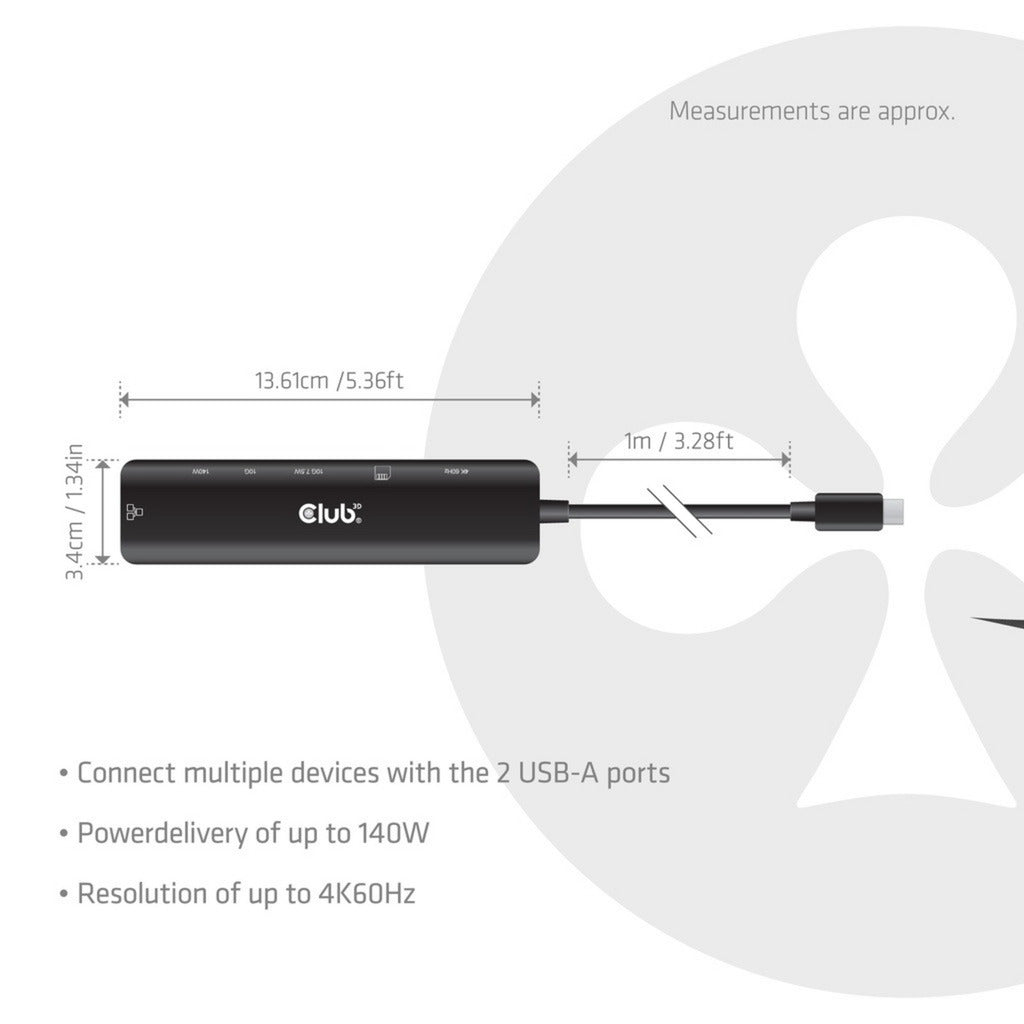 Club 3D CSV-2555 7-1 Hub USB-C a HDMI (Negro, 4K60Hz, PD3.1 140W, USB-A, USB-C, LAN, MicroSD)
