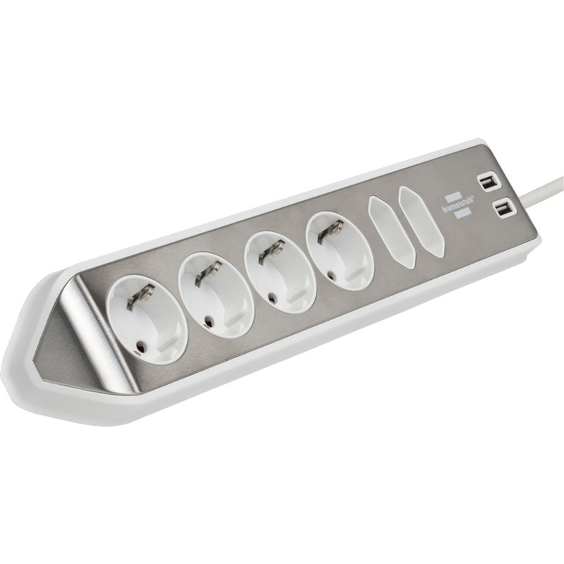 Brennenstuhl estilo hoekstopcontact 4-voudig met usb-oplaadfunctie stekkerdoos (wit roestvrij staal)