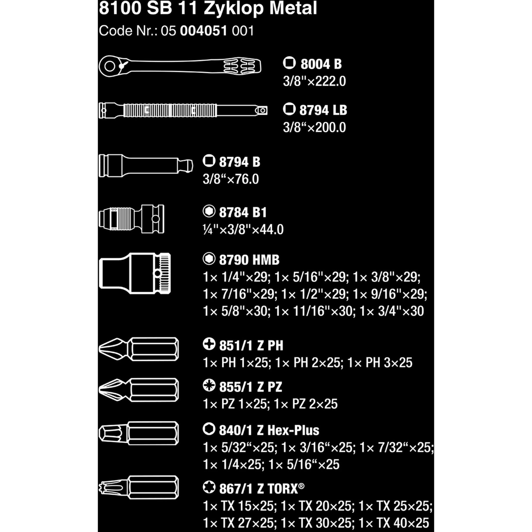 Wera 8100 SB 11 Zyklop Metal Ratest Set, 3 8