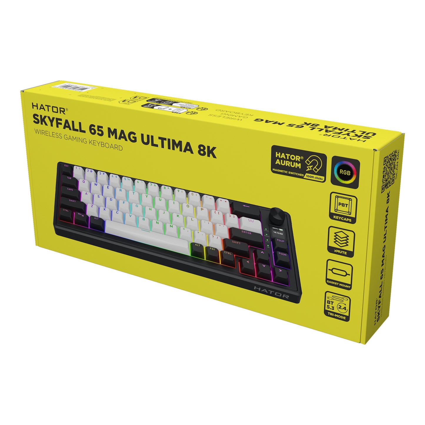 Hator skyfall mag ultima 8k wireless, tastiera da gioco (nera, layout americano, hator aurum ice, 65%, rgb, double-shot pbt, hot-swap, bluetooth usb-c da 2,4 ghz)