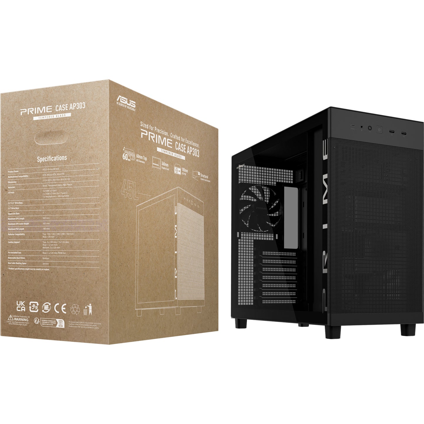 Asus Prime Ap303 - Carcasa Midi Tower con panel de vidrio templado (Negro | 2x USB-A | 1x USB-C | Vidrio templado)