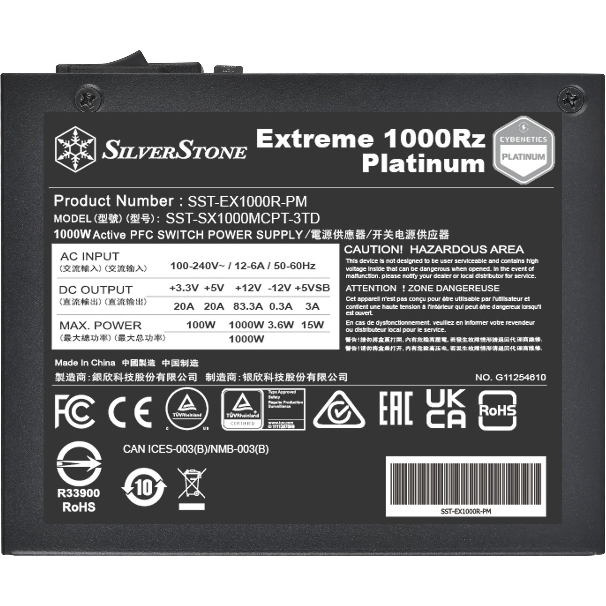 Fuente de alimentación modular Silverstone extreme 1000rz platinum de 1000 vatios (negro, 1x 12v-2x6, 4x pcie)