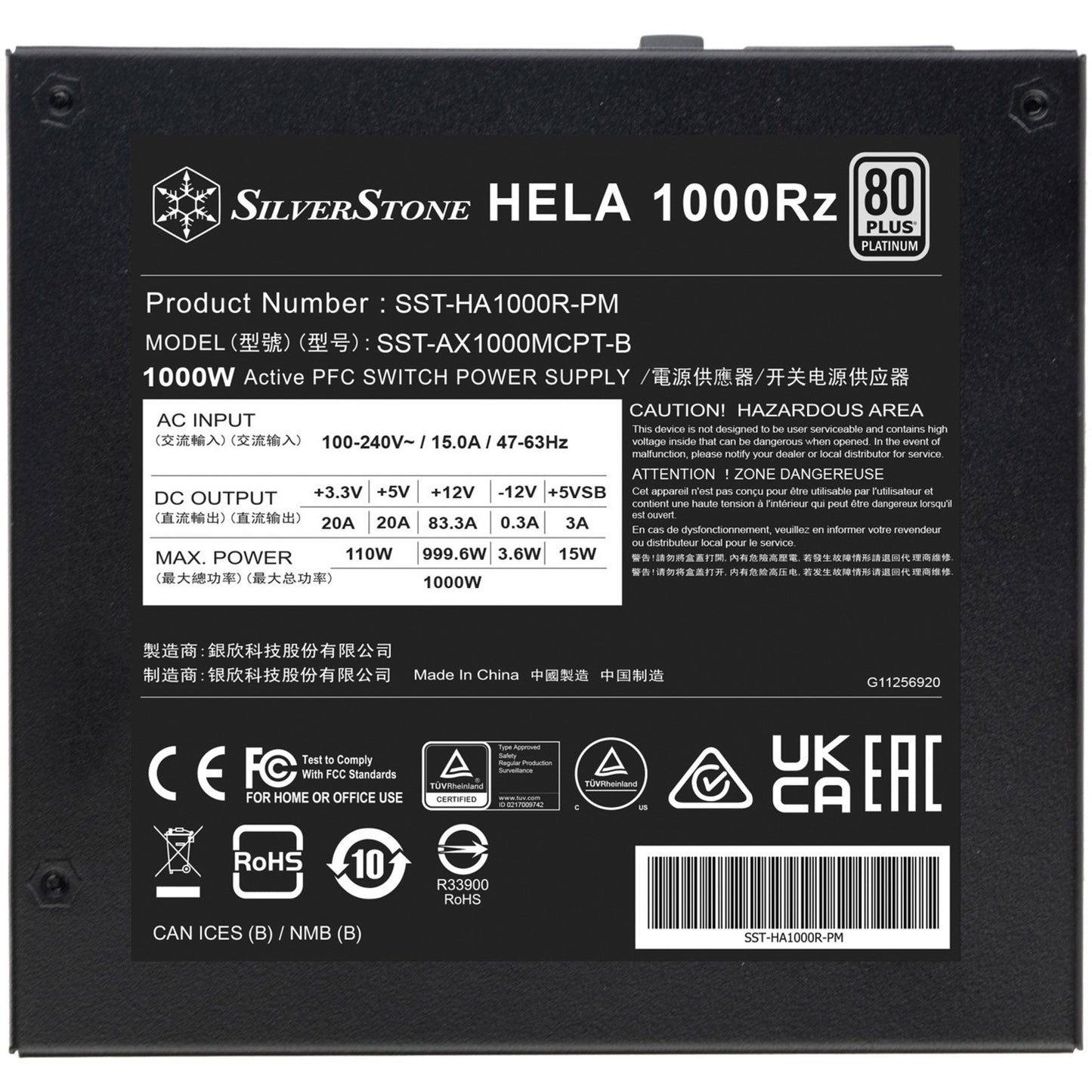Alimentatore modulare Silverstone hela 1000rz da 1000 watt (nero, 1x 12v-2x6, 5x pcie)