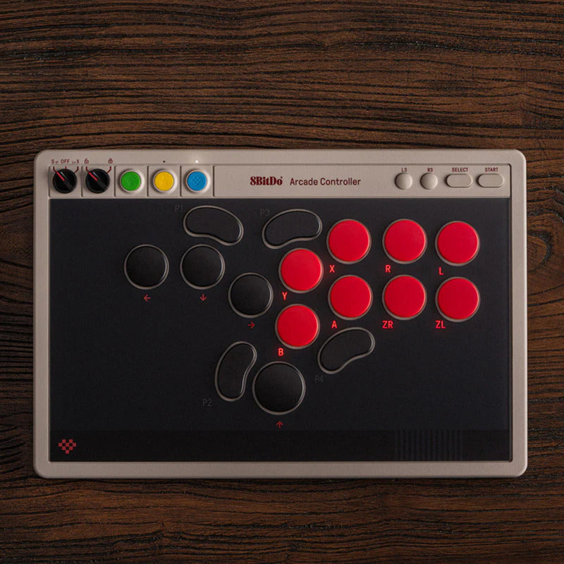 8bitdo arcade controller (grijs rood, 2.4 ghz bluetooth usb, nintendo switch, pc)