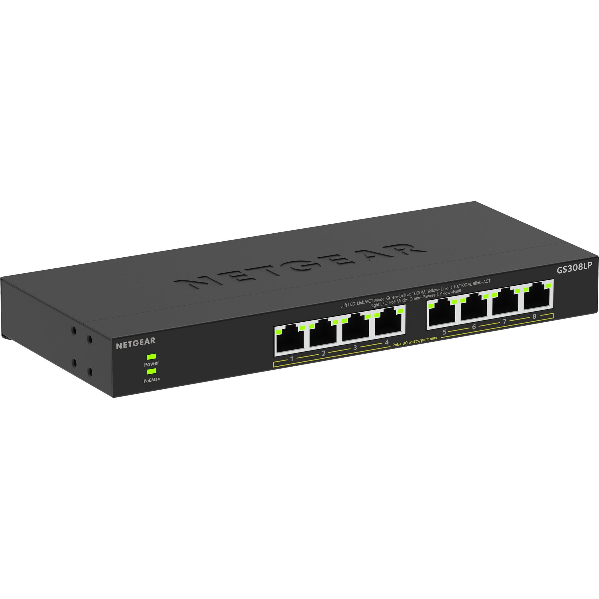Switch Netgear Gigabit Ethernet a 8 porte Poe+ Essentials non gestito (gs308lp) (Nero, Poe da 60 Watt)