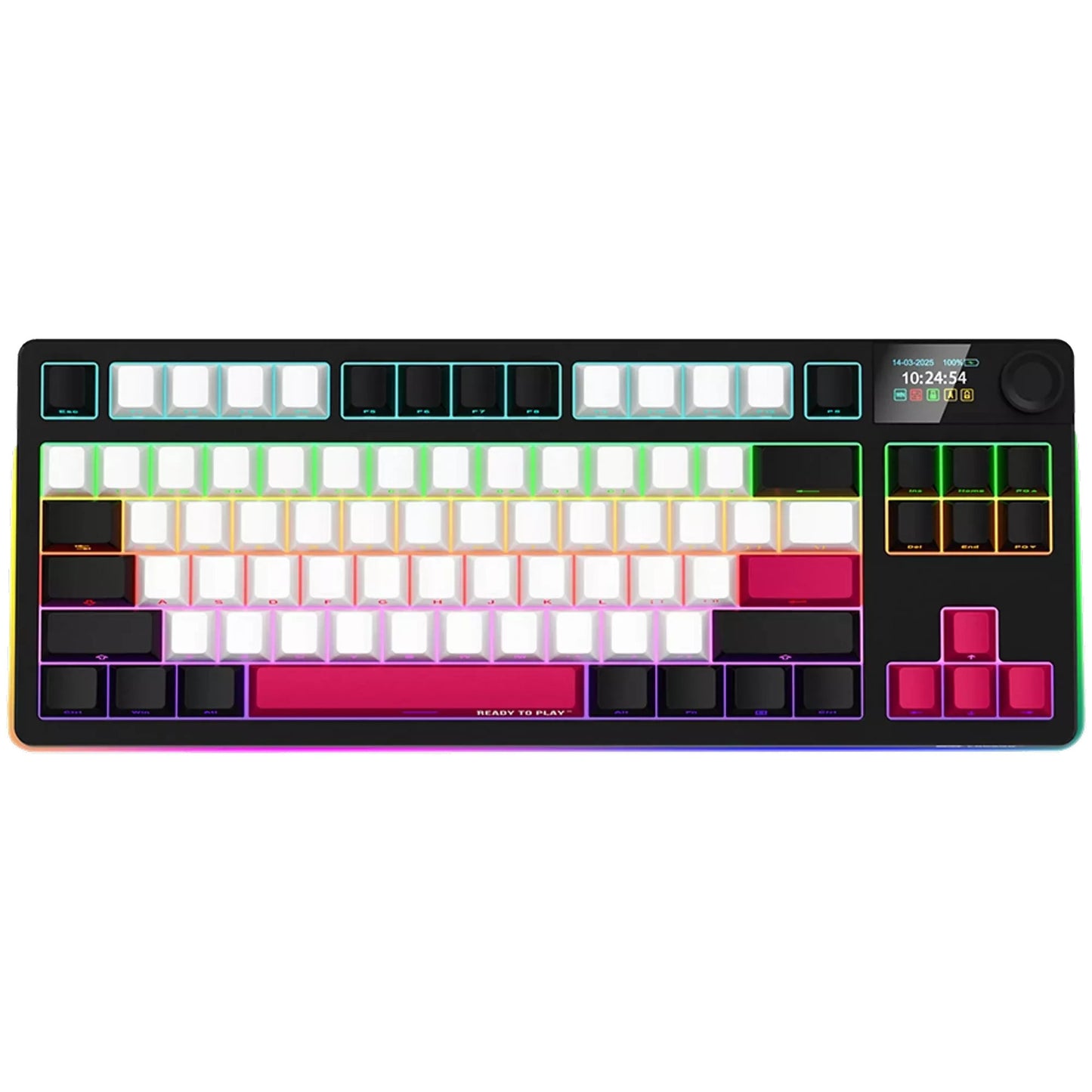 Lorgar kbp70tklw, teclado para juegos (negro, diseño estadounidense, logar toxic purple, tkl, rgb, intercambiable en caliente, pbt double-shot, bluetooth 2.4ghz usb)