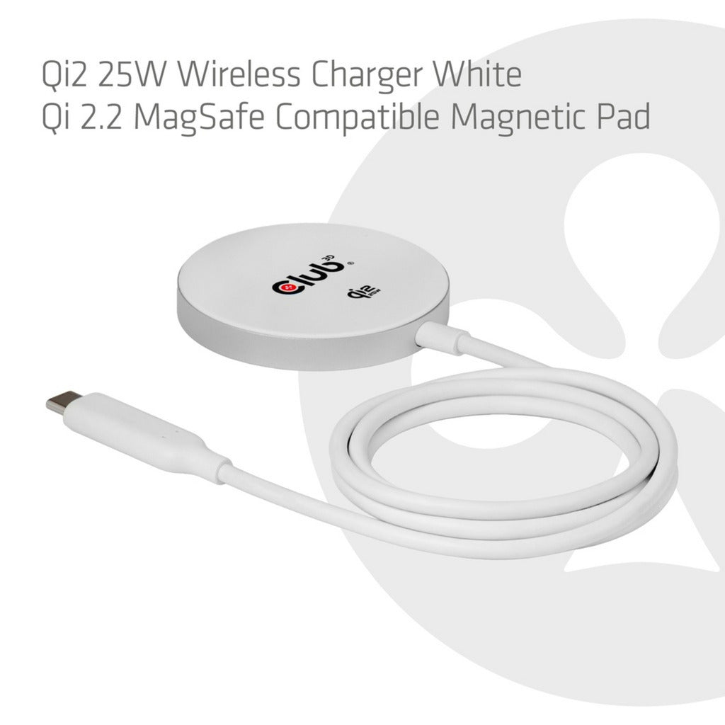 Caricabatterie wireless Club 3D CAC-3026 Qi2 25 W (bianco, certificato Qi, compatibile MagSafe, supporto magnetico)