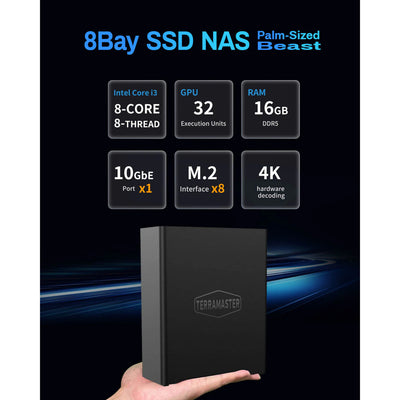 Terramaster f8 ssd plus nas (zwart, 1x 10gbe, hdmi, usb)