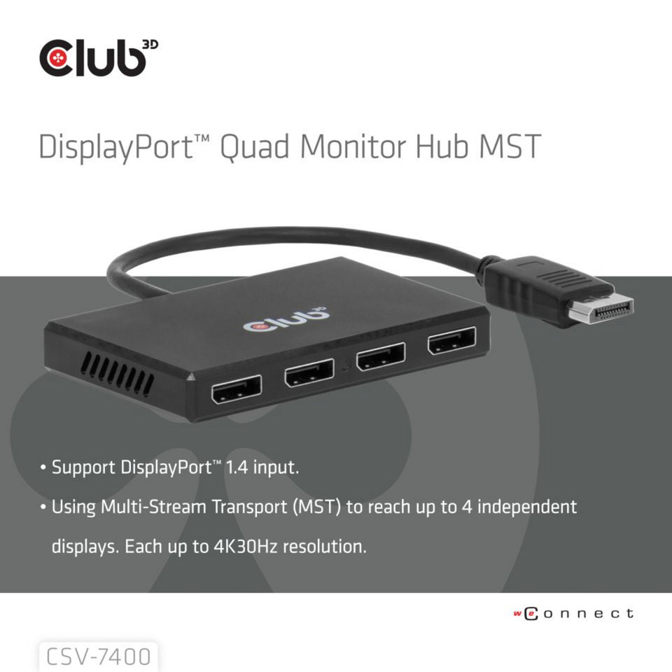 Club Hub 3D DisplayPort Quad Monitor MST 4x 4K30Hz DisplayPort Splitter (Nero)