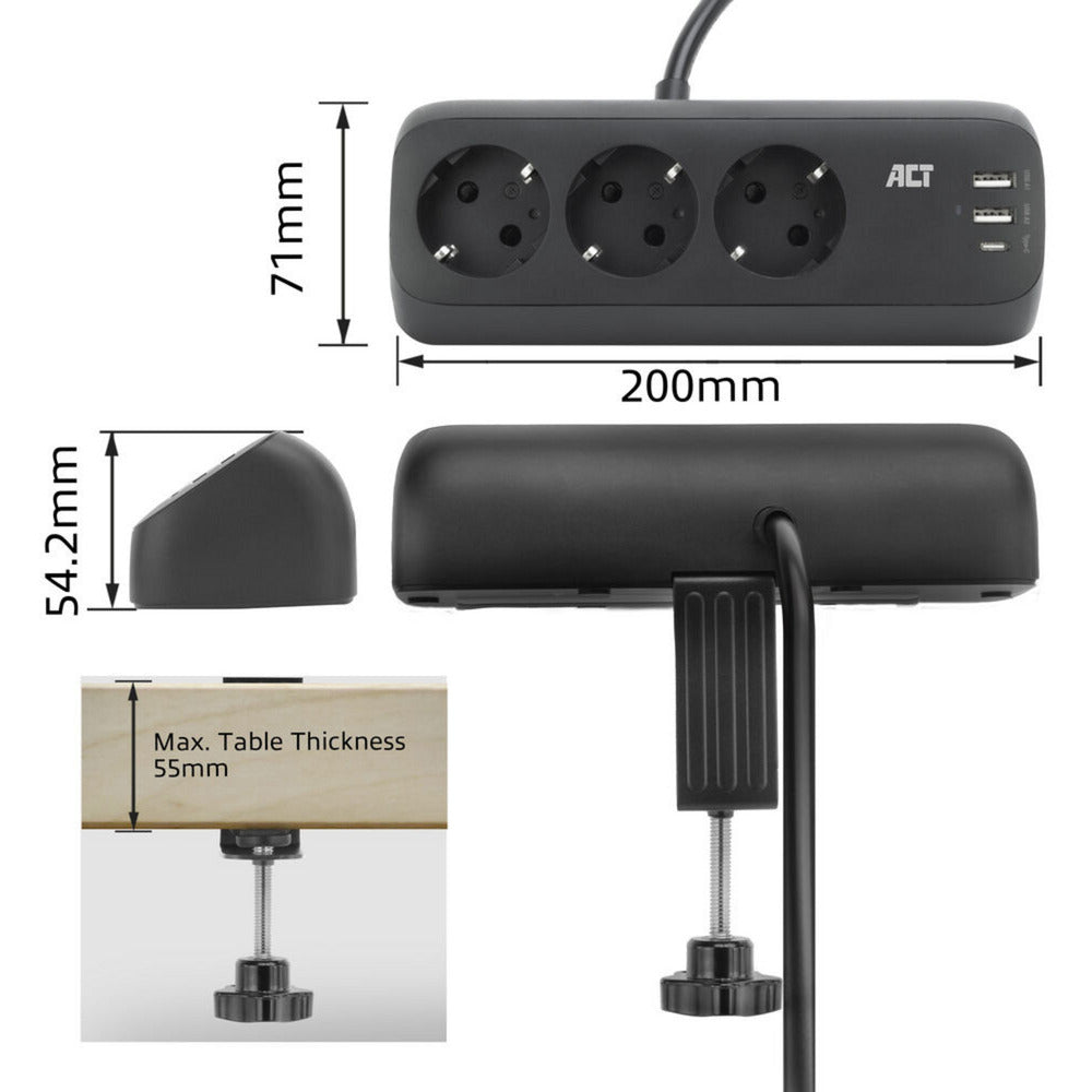 Ciabatta Act Connectivity con 3 prese tipo F (nera, erogazione di potenza 30 W, porte USB tipo C A)