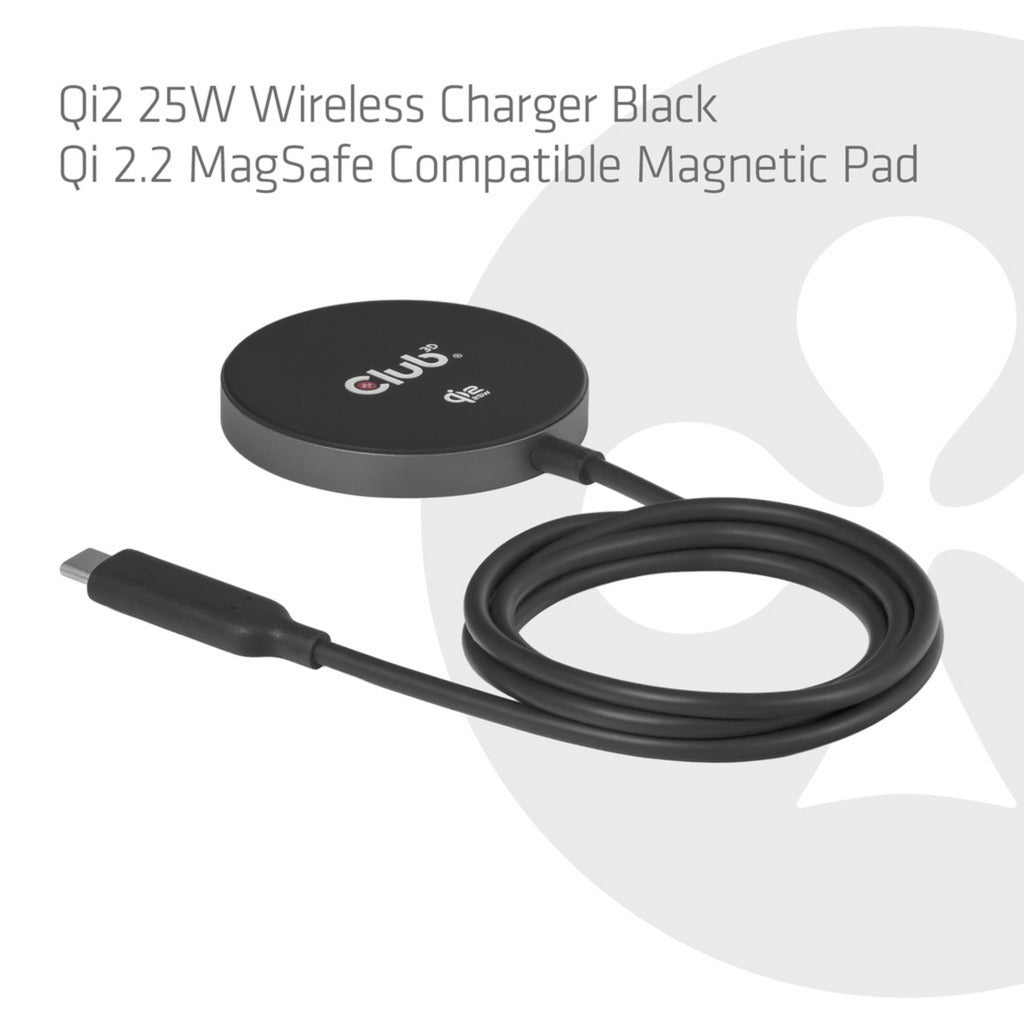 Caricabatterie wireless Club 3D CAC-3027 Qi2 25 W (nero, certificato Qi, compatibile MagSafe, supporto magnetico)