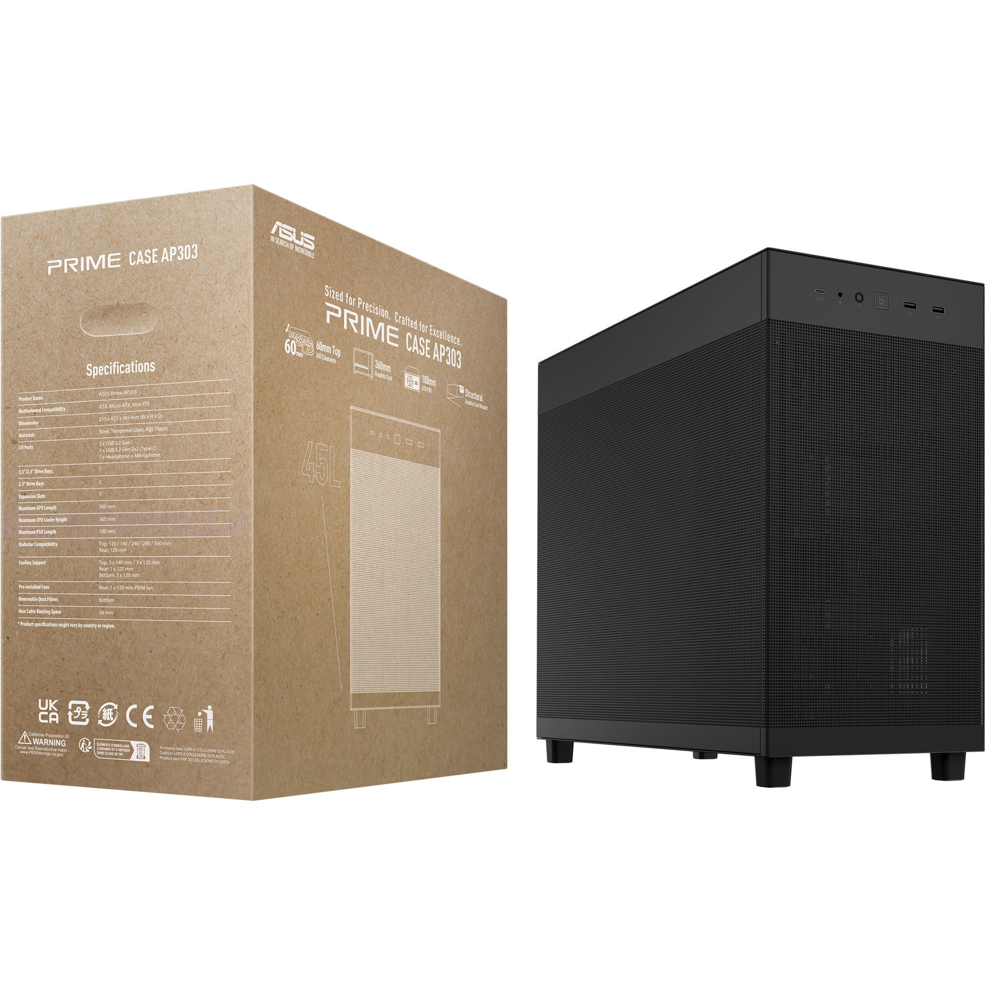 Asus Prime Ap303 - Alloggiamento Midi Tower con pannello a rete (nero | 2x USB-A | 1x USB-C)