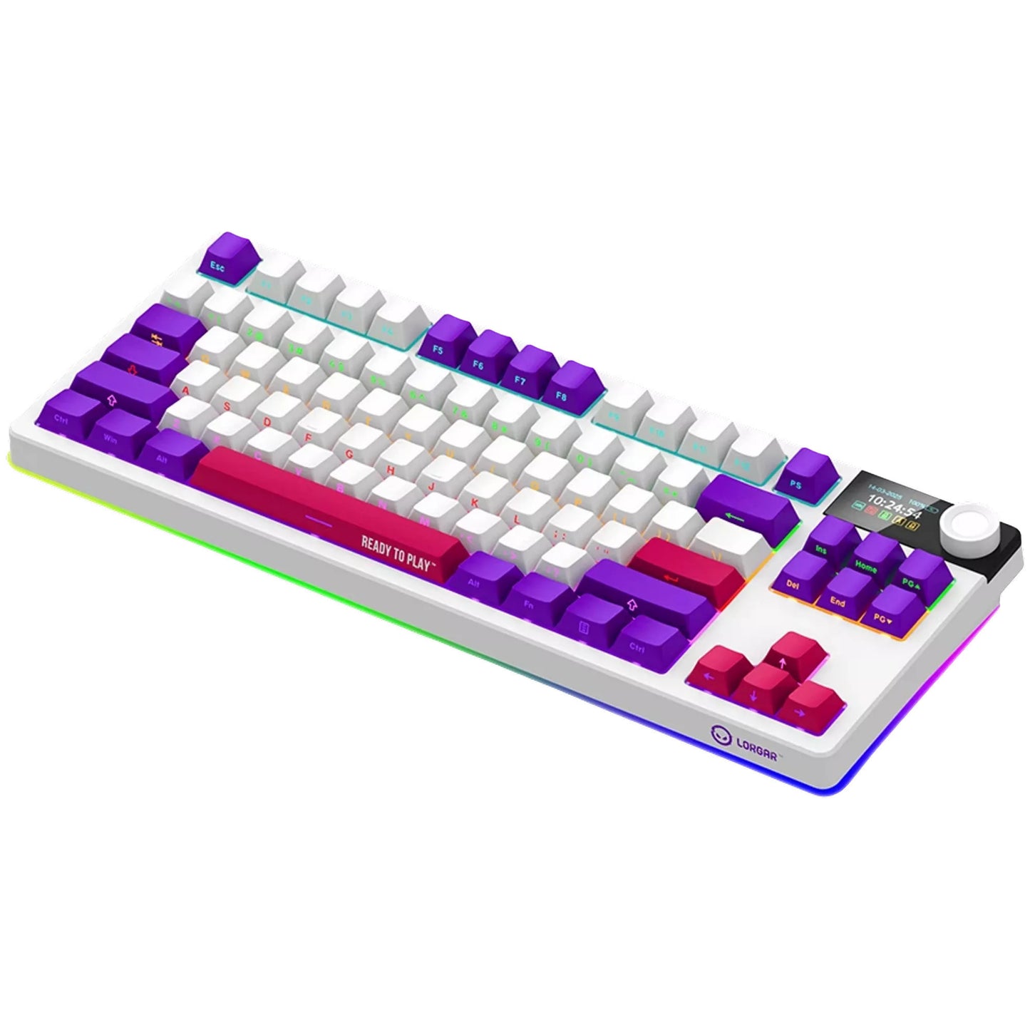 Lorgar kbp70tklw, tastiera da gioco (bianca, layout us, logar tossico viola, tkl, rgb, hot-swapable, pbt double-shot, bluetooth 2.4ghz usb)
