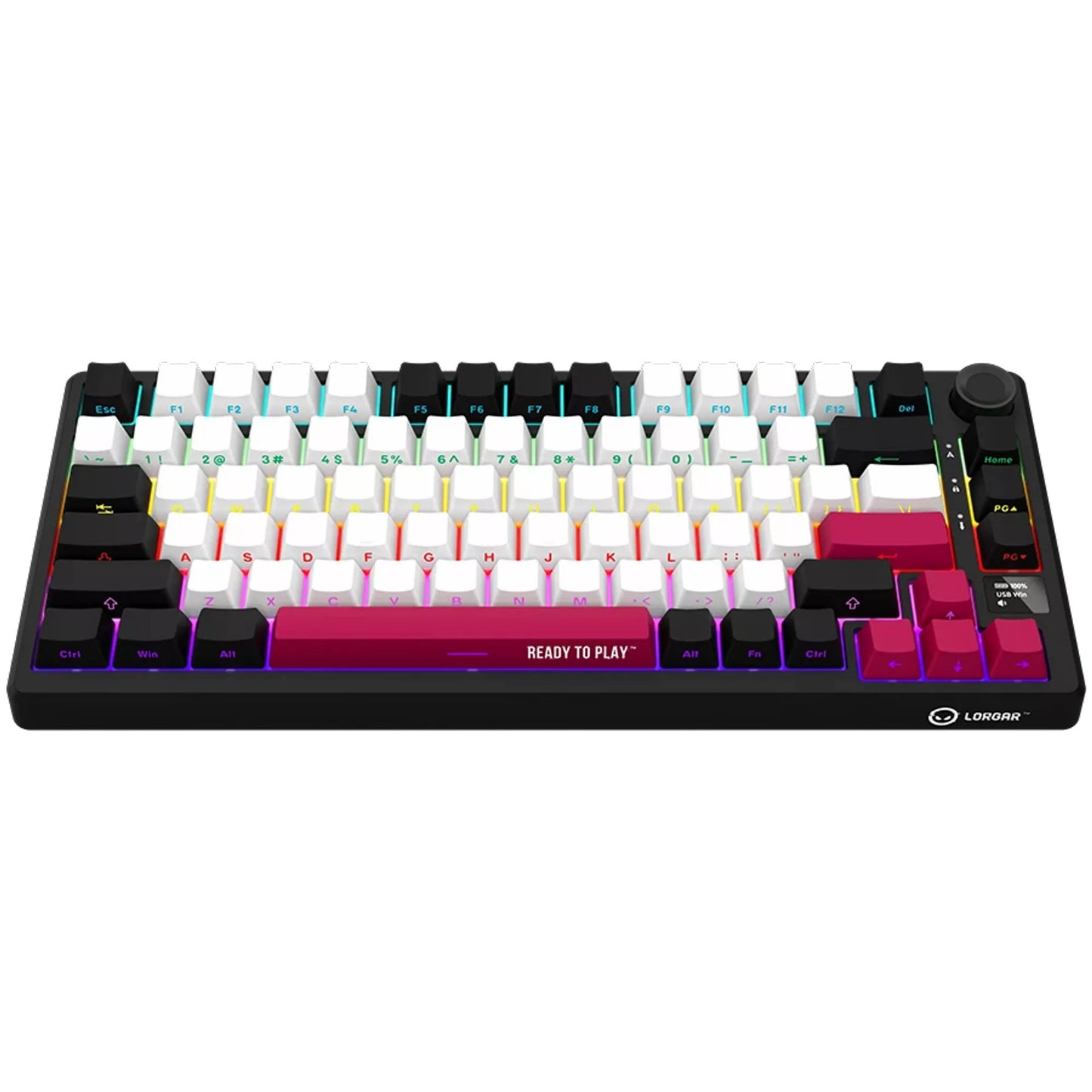 Lorgar kbp7075w, tastiera da gioco (nera, layout americano, logar tossico viola, 75%, rgb, hot-swapable, pbt double-shot, bluetooth 2.4ghz usb)