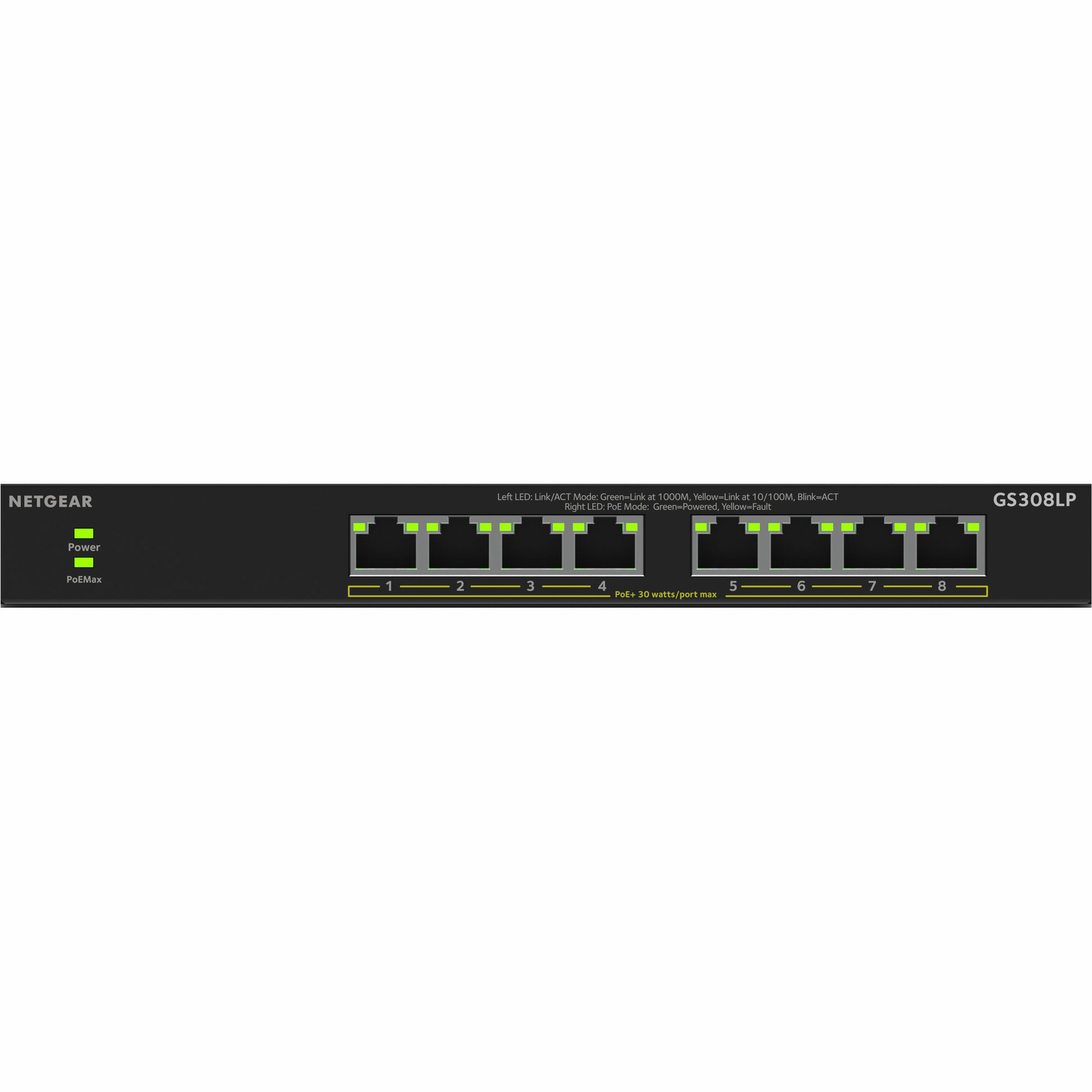 Switch Netgear Gigabit Ethernet a 8 porte Poe+ Essentials non gestito (gs308lp) (Nero, Poe da 60 Watt)