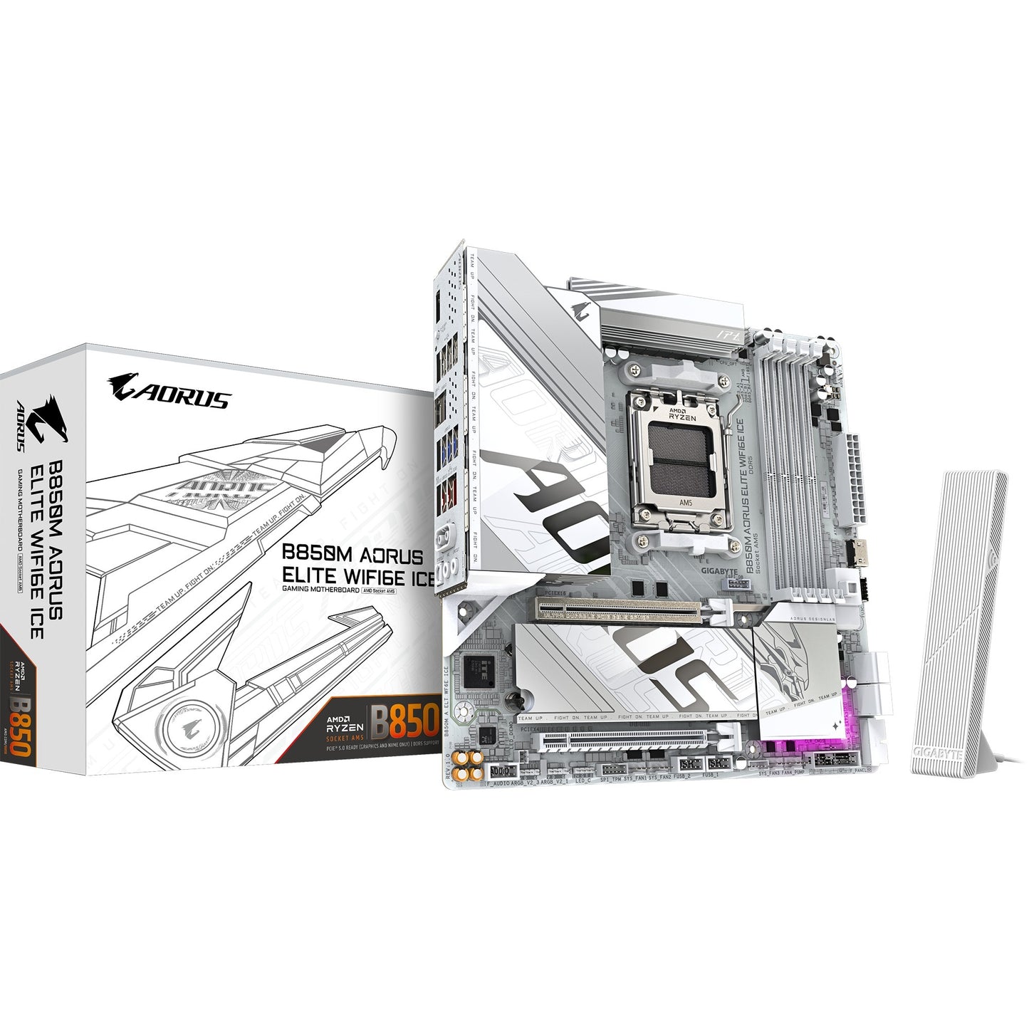 Scheda madre Gigabyte B850M Aorus Elite WiFi6E Ice Socket AM5 (bianco argento, RAID, 2,5 GB-LAN, WiFi 6E, BT, audio, µATX)