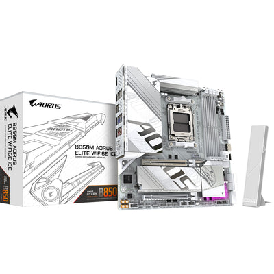 Scheda madre Gigabyte B850M Aorus Elite WiFi6E Ice Socket AM5 (bianco argento, RAID, 2,5 GB-LAN, WiFi 6E, BT, audio, µATX)