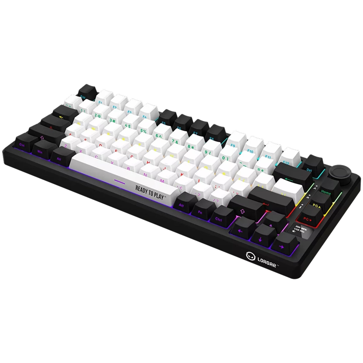 Lorgar kbp7075w, tastiera da gioco (nera, layout americano, logar tossico viola, 75%, rgb, hot-swapable, pbt double-shot, bluetooth 2.4ghz usb)