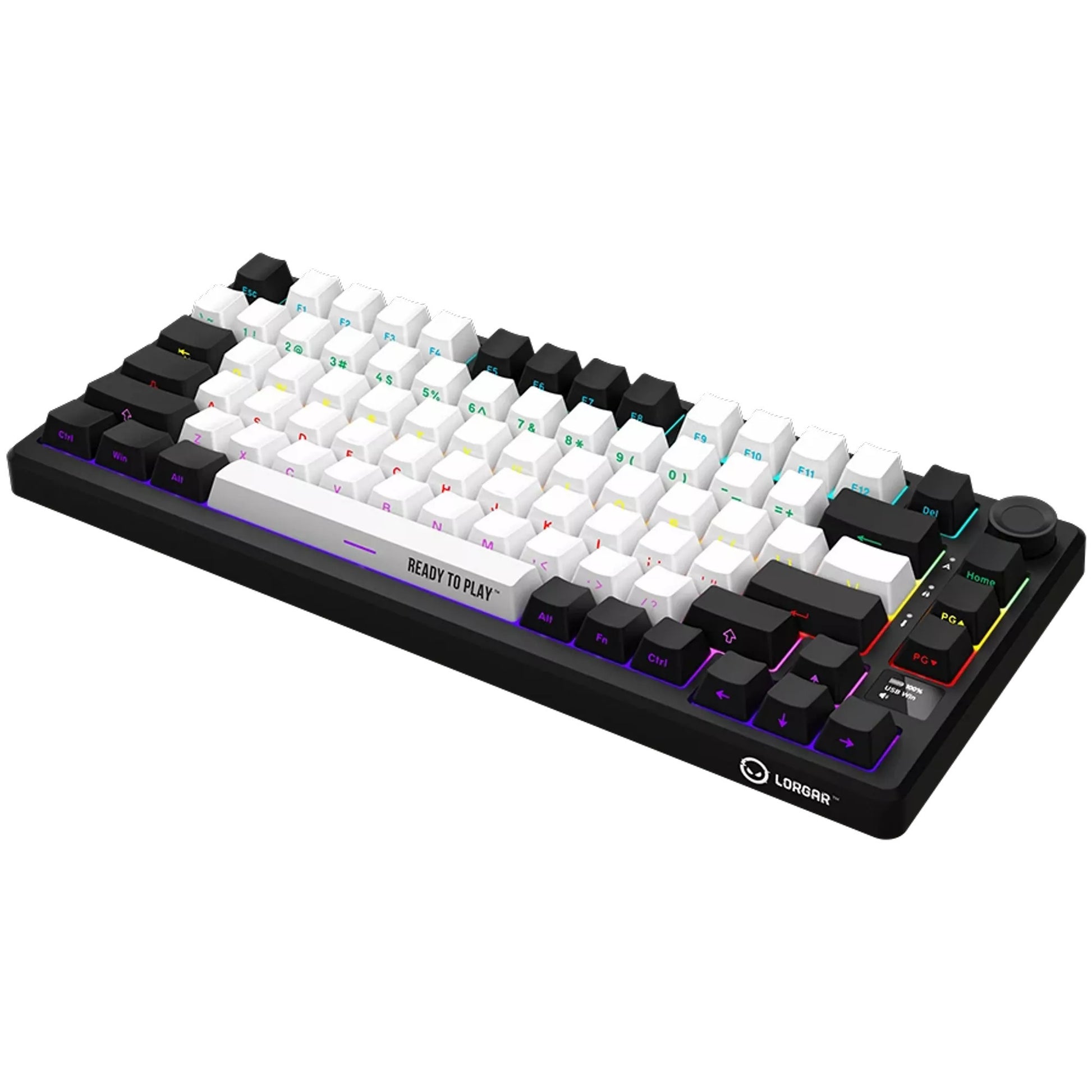 Lorgar kbp7075w, tastiera da gioco (nera, layout americano, logar tossico viola, 75%, rgb, hot-swapable, pbt double-shot, bluetooth 2.4ghz usb)