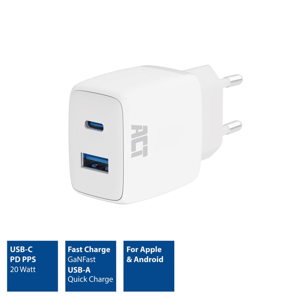 Connettività ACT USB-C USB-A Caricatore 20W con consegna PPP, Quin