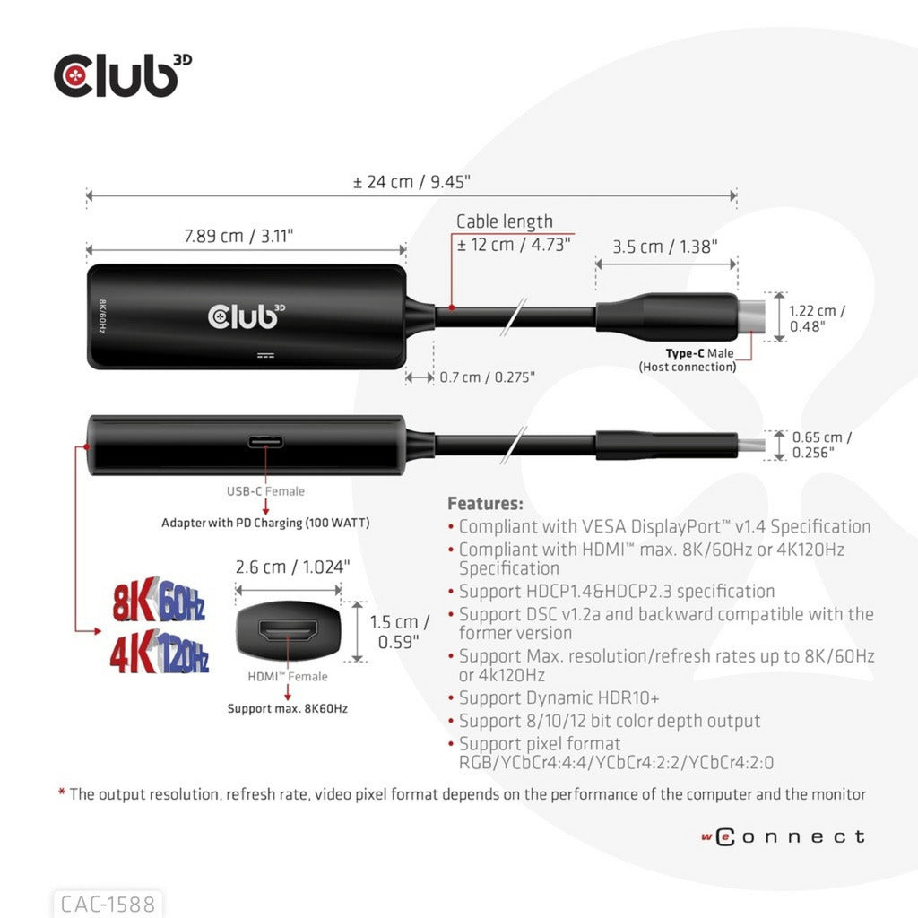 Adattatore Club 3D da USB-C a HDMI 2.1+ PD 3.0 da 100 watt (nero)