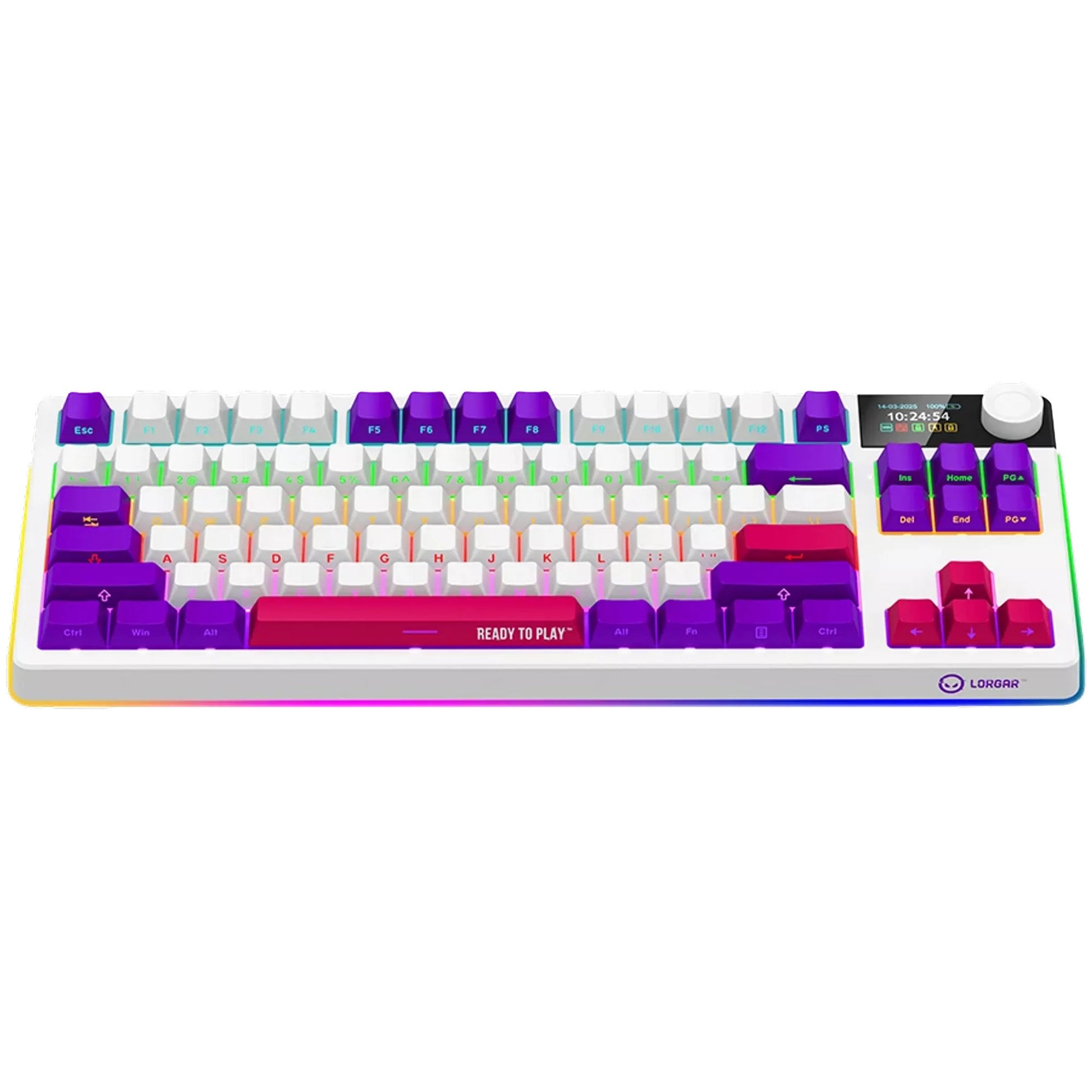 Lorgar kbp70tklw, tastiera da gioco (bianca, layout us, logar tossico viola, tkl, rgb, hot-swapable, pbt double-shot, bluetooth 2.4ghz usb)