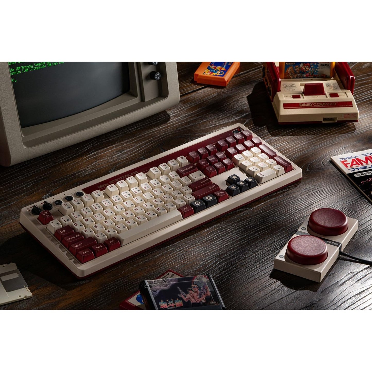 8bitdo retro mechanical keyboard fami edition (beige, us lay-out (qwerty), kailh box white, 100%, bluetooth low energy, wireless 2.4g, usb)