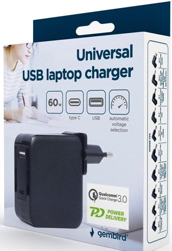 Gembird USB-C cargador rápido fuente de alimentación para portátil 60W USB + USB-C negro - 9550195