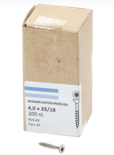 Tornillo para aglomerado Hoenderdaal acero inoxidable-a2 cabeza plana rosca parcial torx tx20 ​​​​4.0x25 18 | 200 piezas - 0206.30.25101