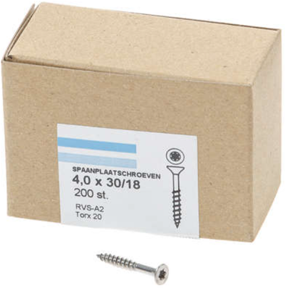 Tornillo para aglomerado Hoenderdaal acero inoxidable-a2 cabeza plana rosca parcial torx tx20 ​​​​4.0x30 18 | 200 piezas - 0206.30.25201