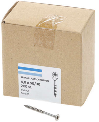 Tornillo para aglomerado Hoenderdaal acero inoxidable-a2 cabeza plana rosca parcial torx tx20 ​​​​4.0x50 30 | 200 piezas - 0206.30.25901