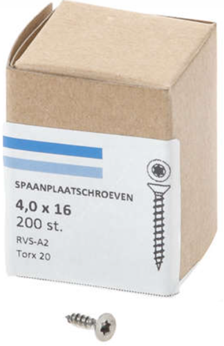 Tornillo para aglomerado Hoenderdaal acero inoxidable-a2 cabeza plana rosca completa torx tx20 ​​​​4.0x16 | 200 piezas - 0206.30.24701
