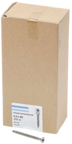 Tornillo para aglomerado Hoenderdaal acero inoxidable-a2 cabeza plana rosca completa torx tx25 5.0x60 | 200 piezas - 0206.30.42003