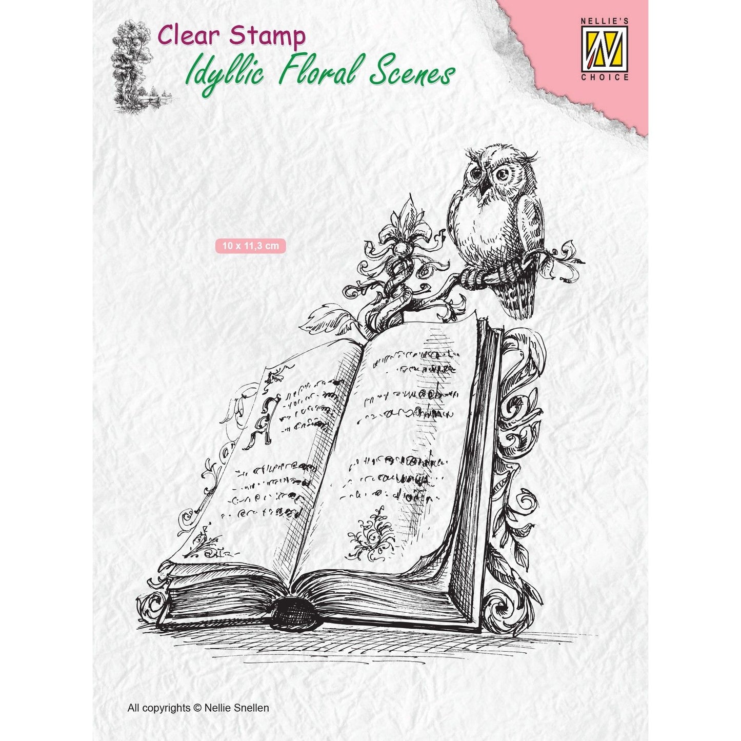 Nellie's choice • idyllic floral scenes clear stempel scene with book and owl 100x112,5mm