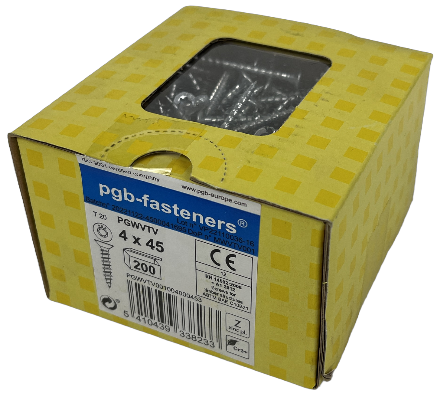 Pgb-europe pgb-fasteners universele spaanplaatschroef vk-t voldraad verzonken kop ø4,0x45 zn tx20 | 200 st | pgwvtv001004000453