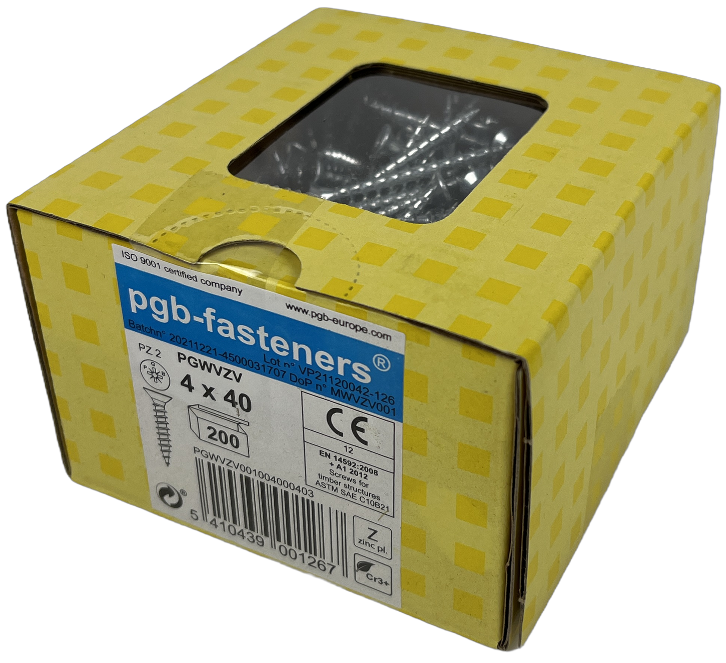 Pgb-europe pgb-fasteners | spaanplaatschroef ø 4,0x40 mm pozidrive pz2 - voldraad verzinkt | 200 st - pgwvzv001004000403