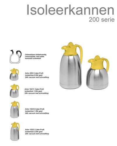 Jarra isotérmica de acero inoxidable Cater-profi con tapón de rosca amarillo 1,5 l