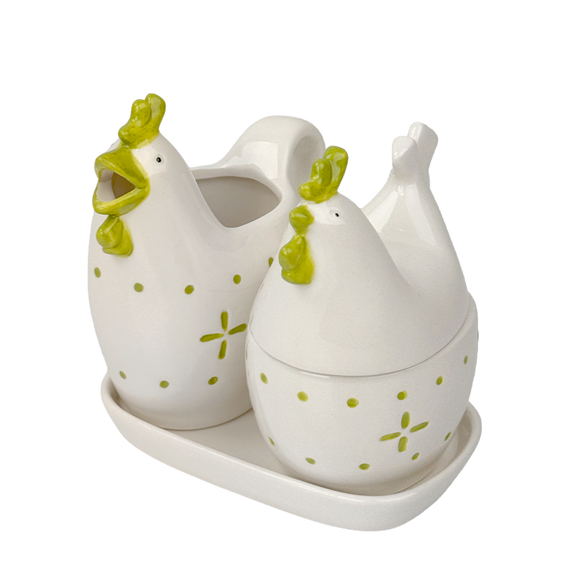 Set latte e zucchero J-line pollo in ceramica bianco 4 pezzi