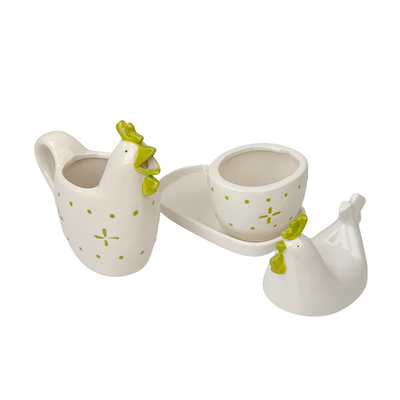 Set latte e zucchero J-line pollo in ceramica bianco 4 pezzi