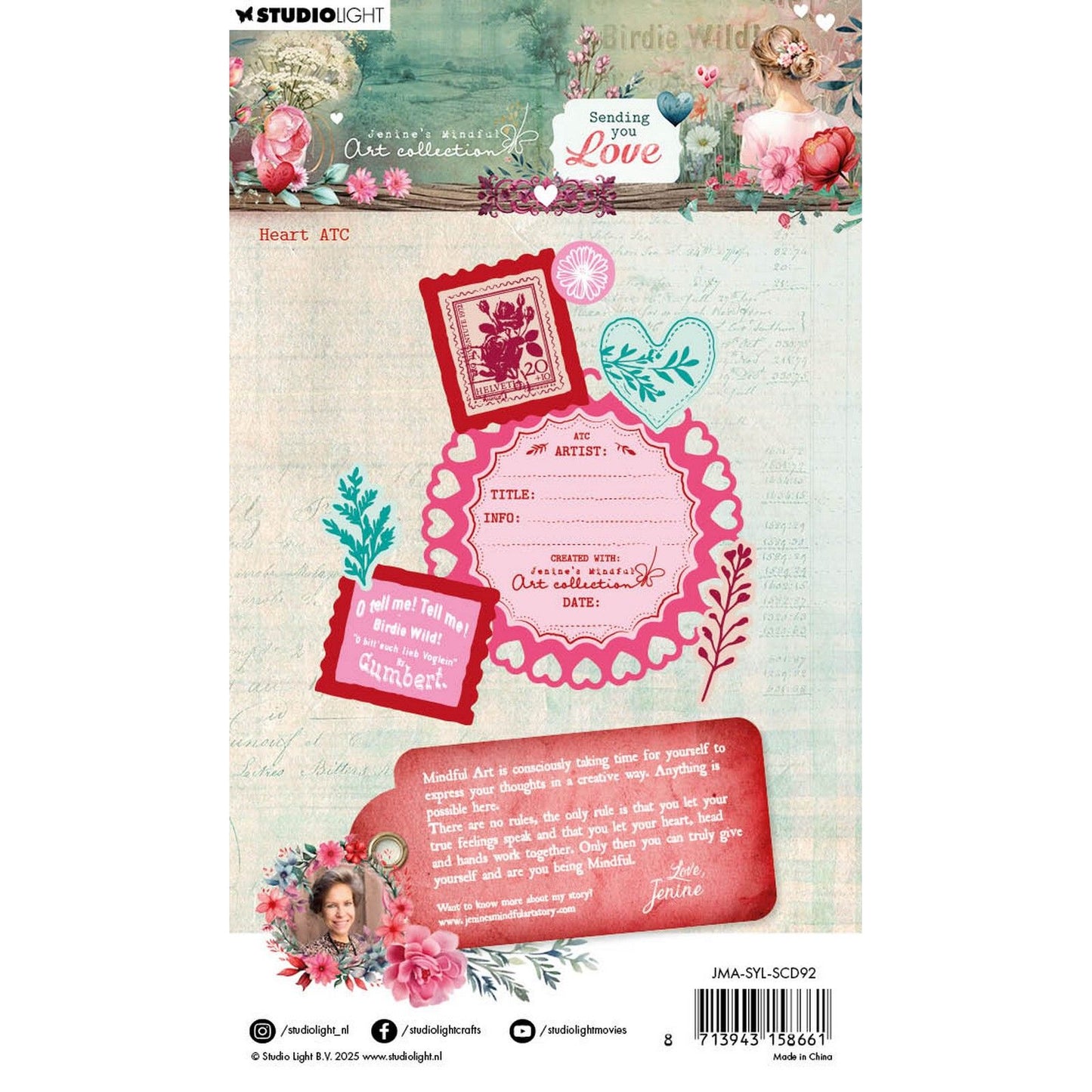 Studio light • jenine's mindful art stamp and cutting dies sending you love heart atc