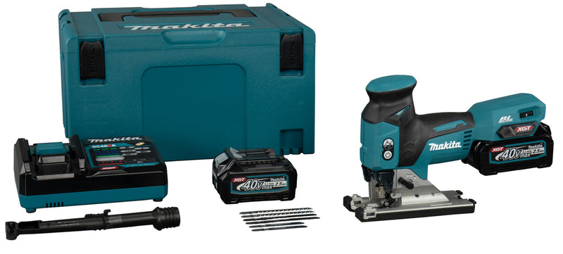 Makita JV001GD201 40V Max Sierra de calar inalámbrica Cuerpo con mango en T | Batería de 2,5 Ah (2 unidades), cargador rápido, en m-box