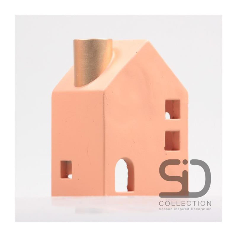 Season inspired decoration kandelaar huisje 11x8x16cm beigerood