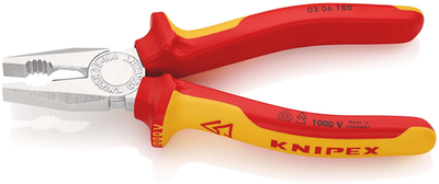 Alicates universales Knipex aislados | mangos multicomponente | probado en vde | cromado | longitud 180 mm | Blíster de tarjeta de autoservicio - 03 06 180 sb