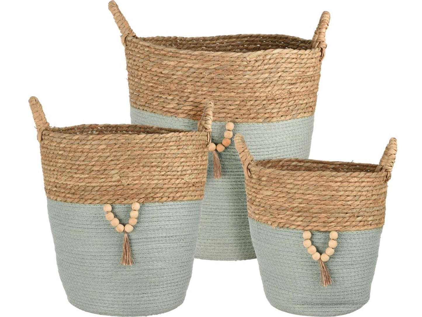 Set di cestini per lo styling domestico, rotondi in paglia da 3 pezzi